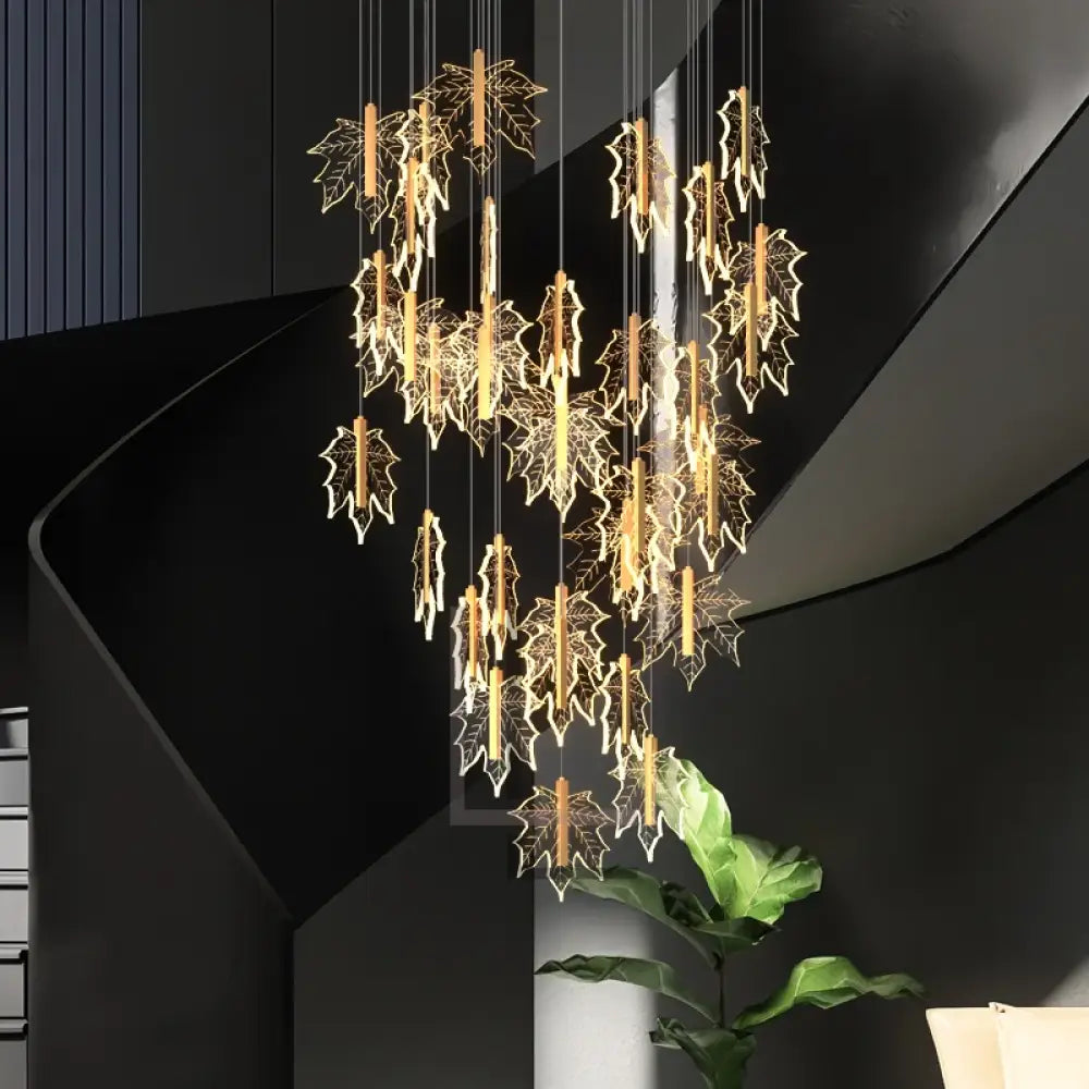 Contemporary Drummondii LED Staircase Chandelier by Luminate Living, inspired by the elegance of maple leaves, ideal for duplex building halls. Combines Nordic artistry with modern design and advanced LED technology to create an inviting ambiance.