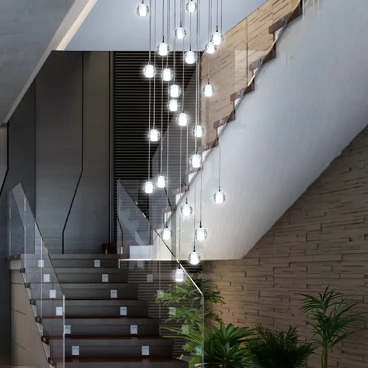Polar Ball Stairs Chandelier with stainless steel frame and shimmering glass balls, showcasing modern design and icy elegance. Features energy-efficient LED G4 bulbs for bright, long-lasting illumination in contemporary interiors.