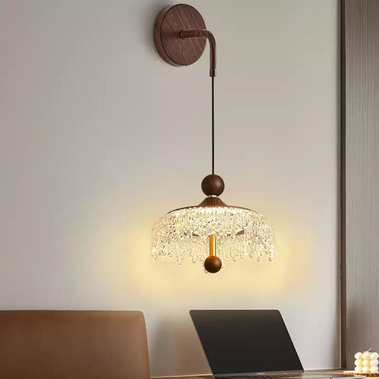 Prism Nordic wall light fixture in black and walnut wood finish with adjustable warm, neutral, and cool white lighting modes