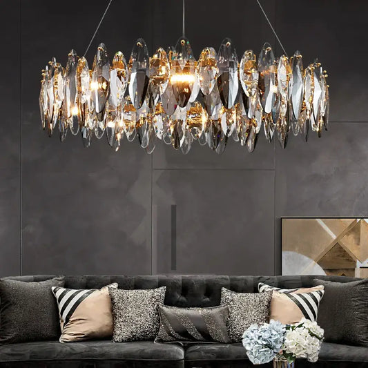 Serenity Crystal Chandelier with premium K9 crystals, semi-flush mount design, modern elegance, and soft ambient lighting for living room, dining area, or entryway. Features sparkling crystal accents and a sleek metal finish.